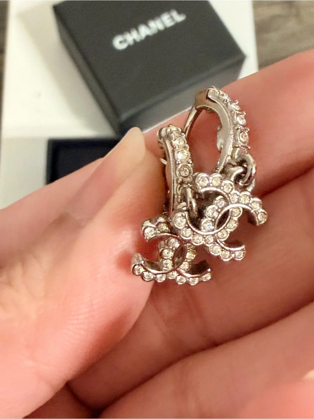 CHANEL Silver Crystal CC Dangle Earrings